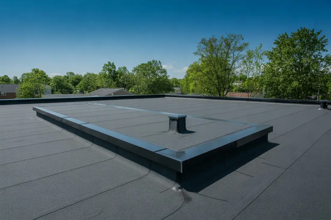 Black EPDM rubber membrane covering a flat roof, with metal edging around a raised section