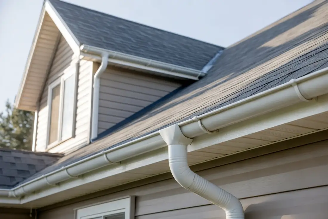 White seamless gutter and downspout along the eaves of a two-story house with a gray shingle roof
